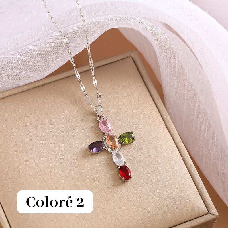 Women's Multicolored Sparkling Zircon Cross Necklace
