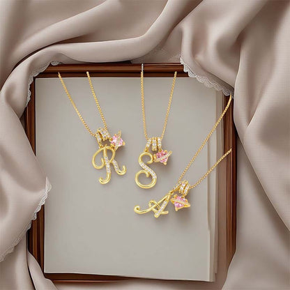 Initial Letter Necklace with Pink Heart Charm