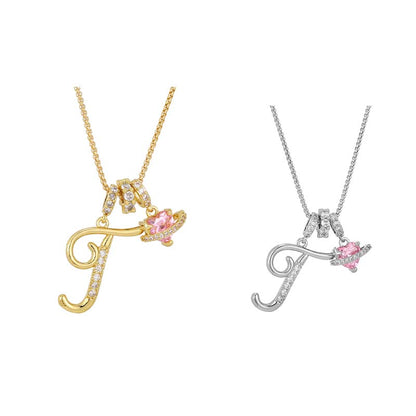 Initial Letter Necklace with Pink Heart Charm