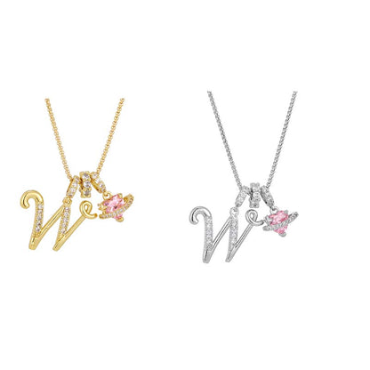 Initial Letter Necklace with Pink Heart Charm
