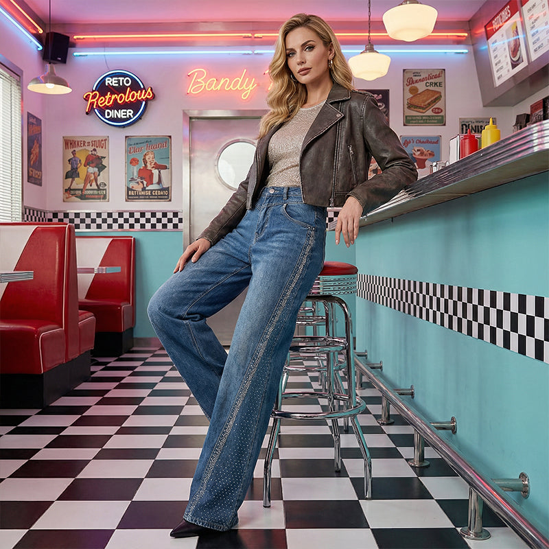 🔥2026 New Arrivals: 50% Off for a Limited Time!🔥Women's Rhinestone-Embellished Wide-Leg Jeans👖