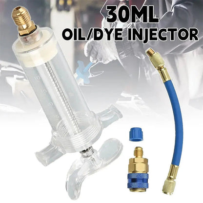 🔧 LIMITED-TIME 50% OFF! 💥 Precision AC Oil Dye Injector – Brass Construction, High Pressure Hose, Clear Barrel ✨