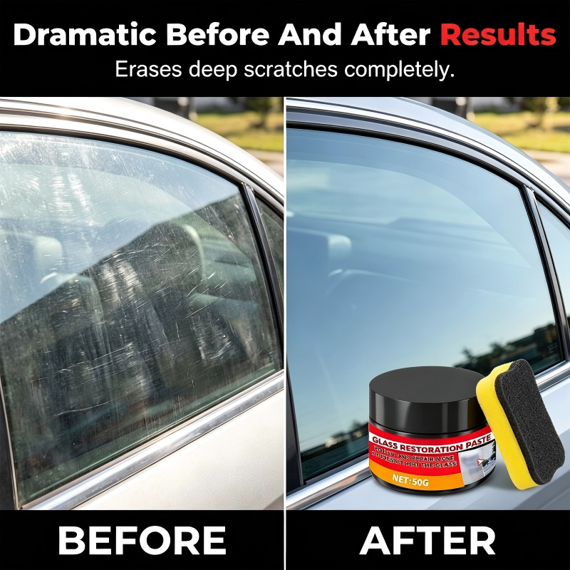 🚗 LIMITED-TIME 50% OFF! Car Glass Scratch Repair Polish Paste, Windscreen Deep Scratch Remover with Sponge