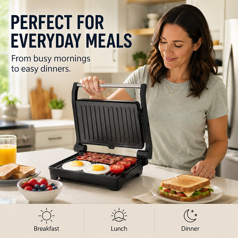 🍳50% OFF NOW! Electric Sandwich Press and Panini Maker with 180‑Degree Flat Grill, Fast‑Heating Non‑Stick Indoor Countertop Grill for Steak, Burgers & Toasted Sandwiches