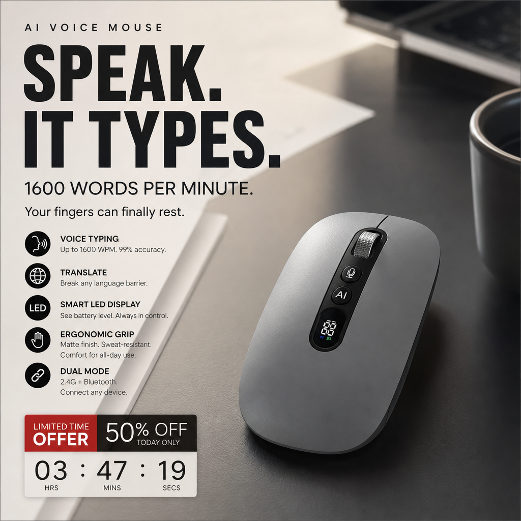 🖱️ LIMITED-TIME 58% OFF! 💥 AI Smart Voice Wireless Mouse – 1600 Words/Min, Translation Hub, Ergonomic ✨